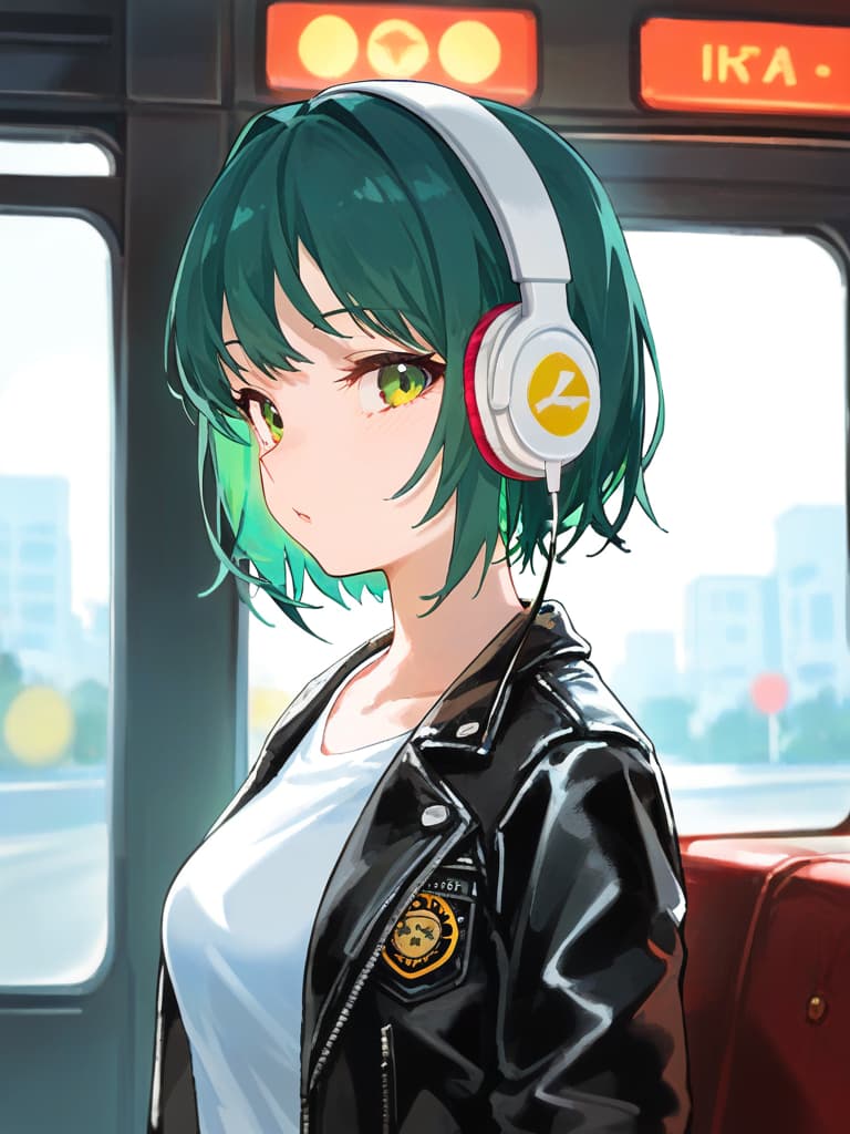  (cool beautiful girl:1.5)(green hair color:1.5)(long hair:1.5)(headphone🎧:1.7)(in white t shirt and leather jacket:2.0)(in train:1.2)(upper body only)masterpiece,high quality,16k,super analysis