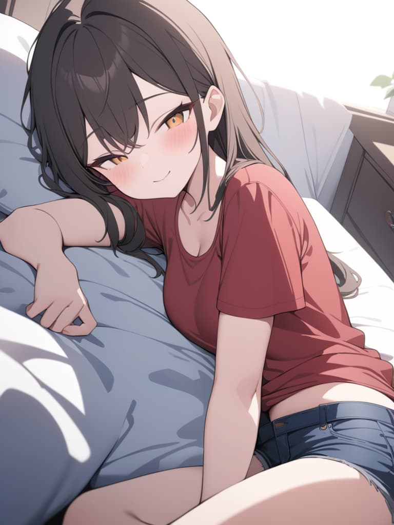  sleep on brown haired girls, smiles, red t shirts, denim shorts, beds, masterpiece, best quality,8k,ultra detailed,high resolution,an extremely delicate and beautiful,hyper detail