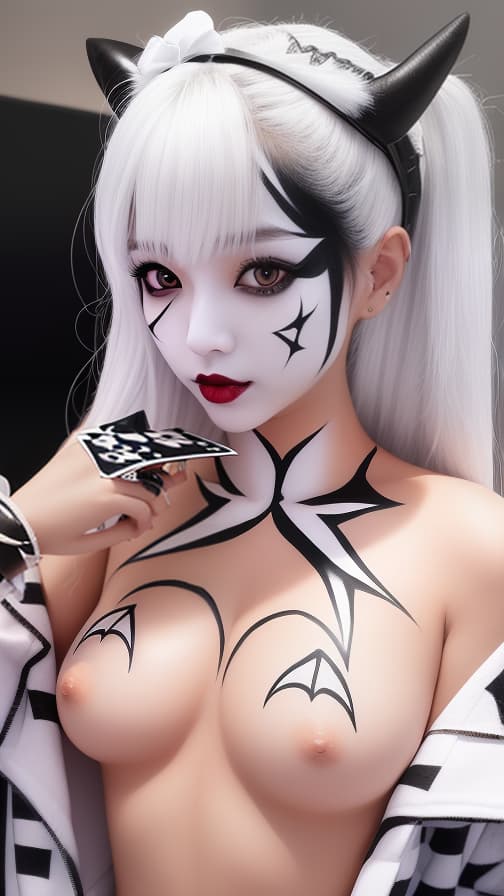  Chess board check body paint in every corner of the body body, white face paint on the face, succubus、White body paint all over the body 女の子