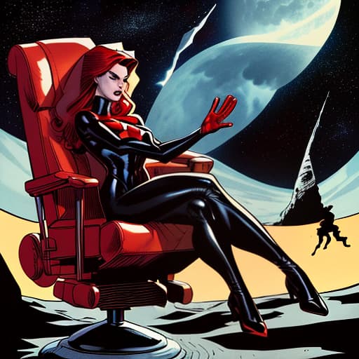  3 red chairs in zero gravity float on the moon, graphic novel bold lines dynamic poses speech bubbles frank miller alex ross jim lee fiona staples mike mignola