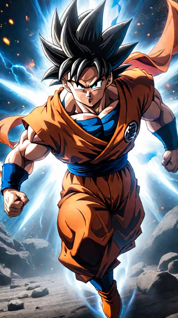  goku from dragon ball in ultra instinct form with silver eyes, divine aura, dodging jiren's attacks in crumbling arena anime art hyperrealistic, full body, detailed clothing, highly detailed, cinematic lighting, stunningly beautiful, intricate, sharp focus, f/1. 8, 85mm, (centered image composition), (professionally color graded), ((bright soft diffused light)), volumetric fog, trending on instagram, trending on tumblr, HDR 4K, 8K