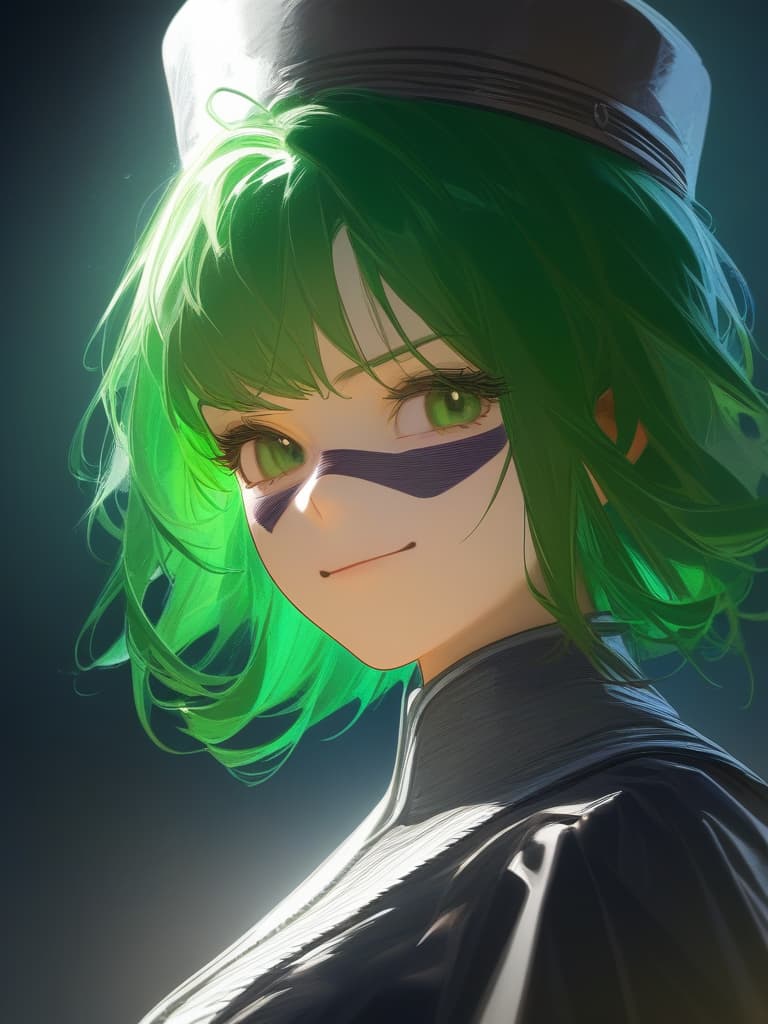  portrait view of a anime women,full white militar uniform hat,half face,joker mask,women face,photorealistic anime style,giger style,pop art tendencies,strong facial expression,(((green hair))),professional illustration,bold colors,chiaroscuro,beautiful shades,intense close ups,bright and glossy surface textures,octane render,zbrush ar 1:1 s 750