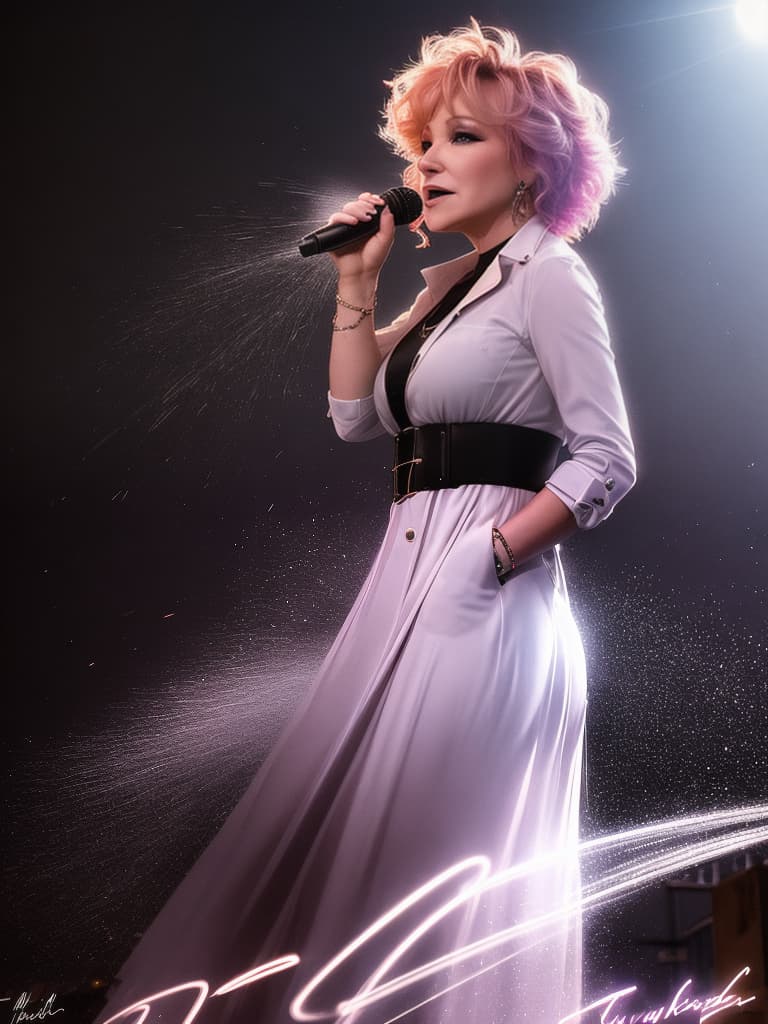  A younger country singer Tanya Tucker, medium shot, upper body, spotlight, long exposure lighting, street art style spray paint, glamour lighting