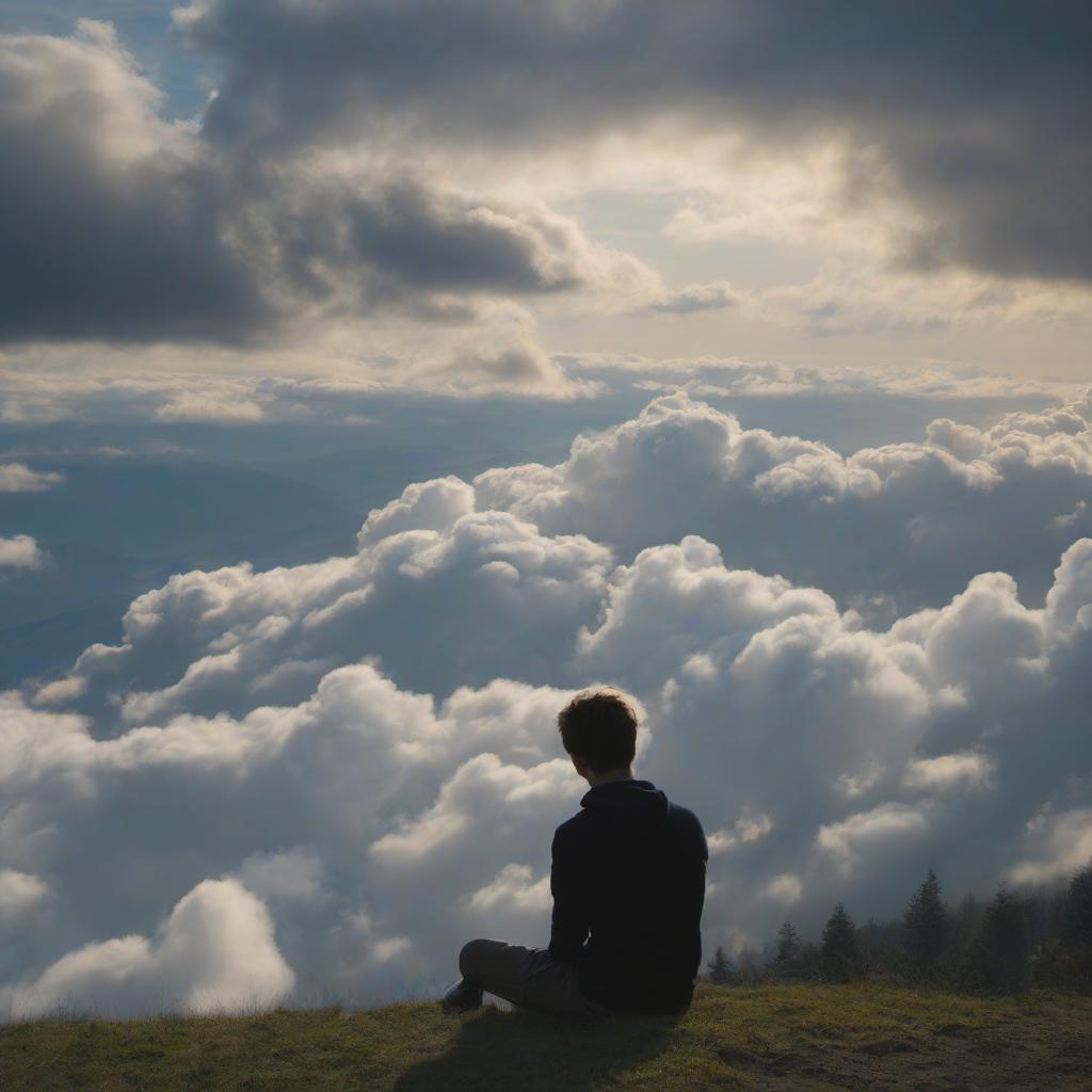  a young man sits on a hill looking at the clouds