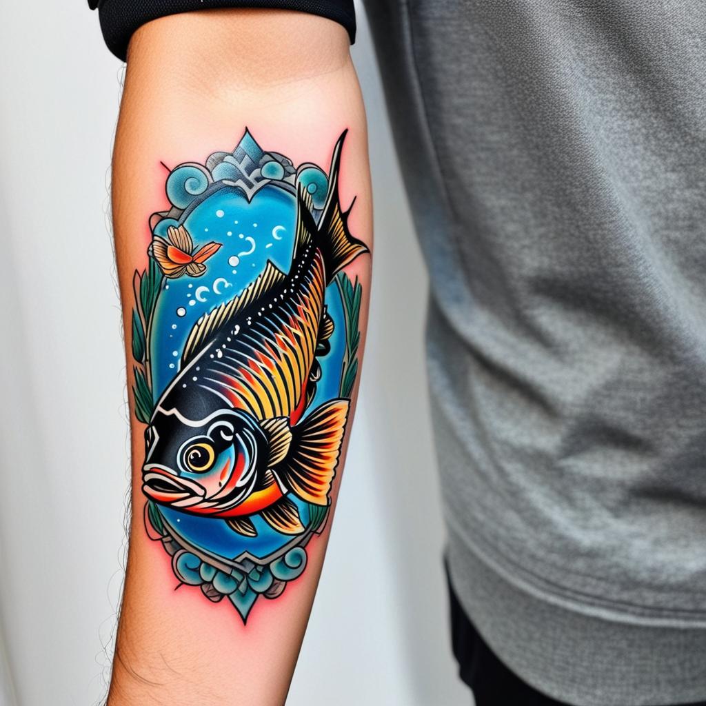  aa fish, (tattoo), (sleeve tattoo design on the arm)