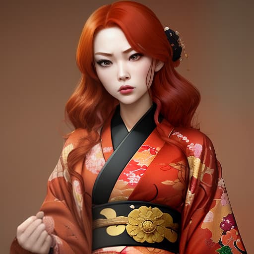  a bitchy harem girl with a haughty look, arrogant, red hair, brown eyes. kimono, stern look, arrogant,bitch, hysterical