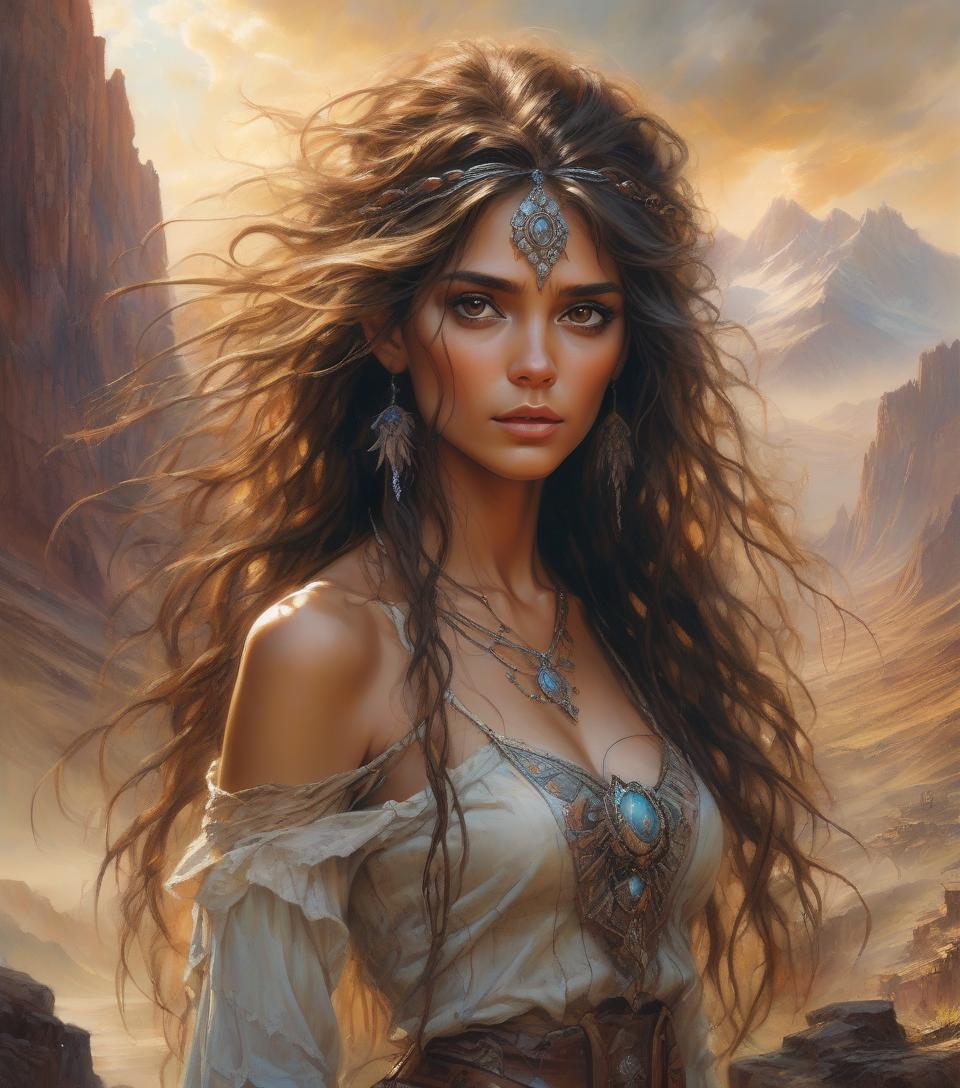  hyper realistic digital painting of a beautiful girl, dark brown eyes, long messy hair, wild west mountains, in a surreal and fantasy setting, combining the artistic styles of jose royo, boris vallejo, julie bell, carne griffiths and brian froud, precise anatomy, with centered symmetrical composition, volumetric lighting, rays, bright color reflections