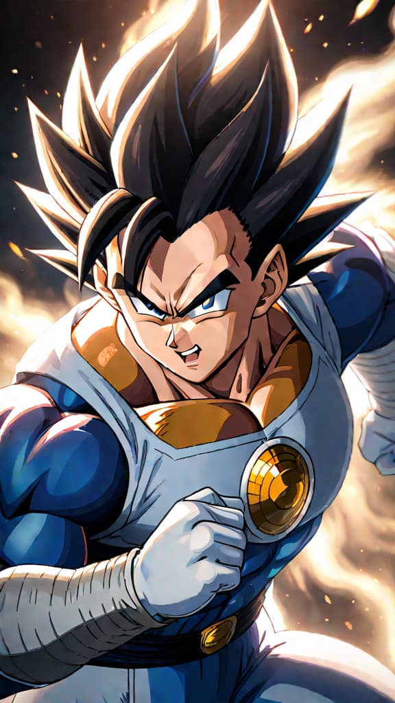  anime art: vegeta from dragon ball harnessing ultra instinct, blending fierce pride with serene combat. hyperrealistic, full body, detailed clothing, highly detailed, cinematic lighting, stunningly beautiful, intricate, sharp focus, f/1. 8, 85mm, (centered image composition), (professionally color graded), ((bright soft diffused light)), volumetric fog, trending on instagram, trending on tumblr, HDR 4K, 8K