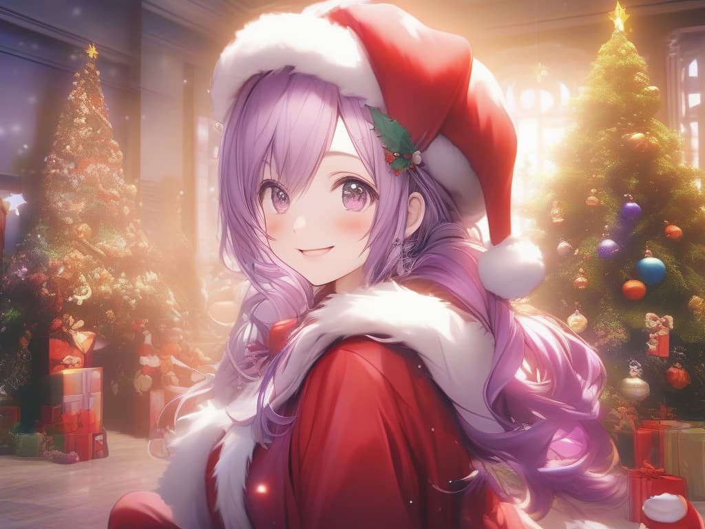  santa cosplay, christmas, smiley girl, purple hair color, masterpiece, best quality,8k,ultra detailed,high resolution,an extremely delicate and beautiful,hyper detail