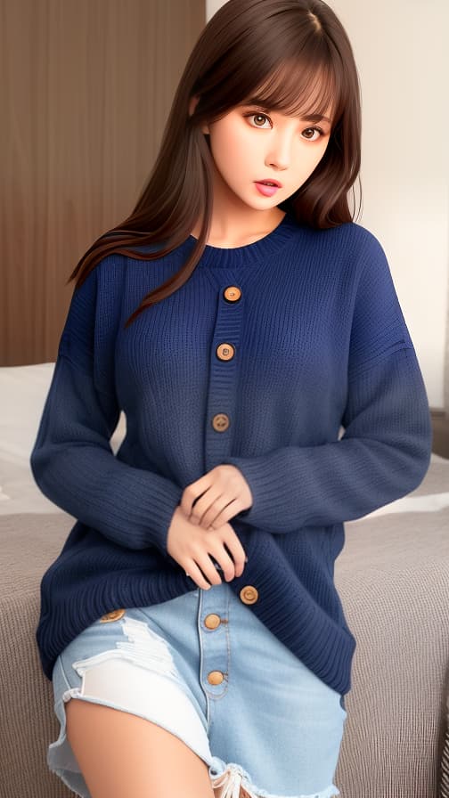  Room Dark dark blue sweater with buttons Woman with semi straight long brown hair, surprised face