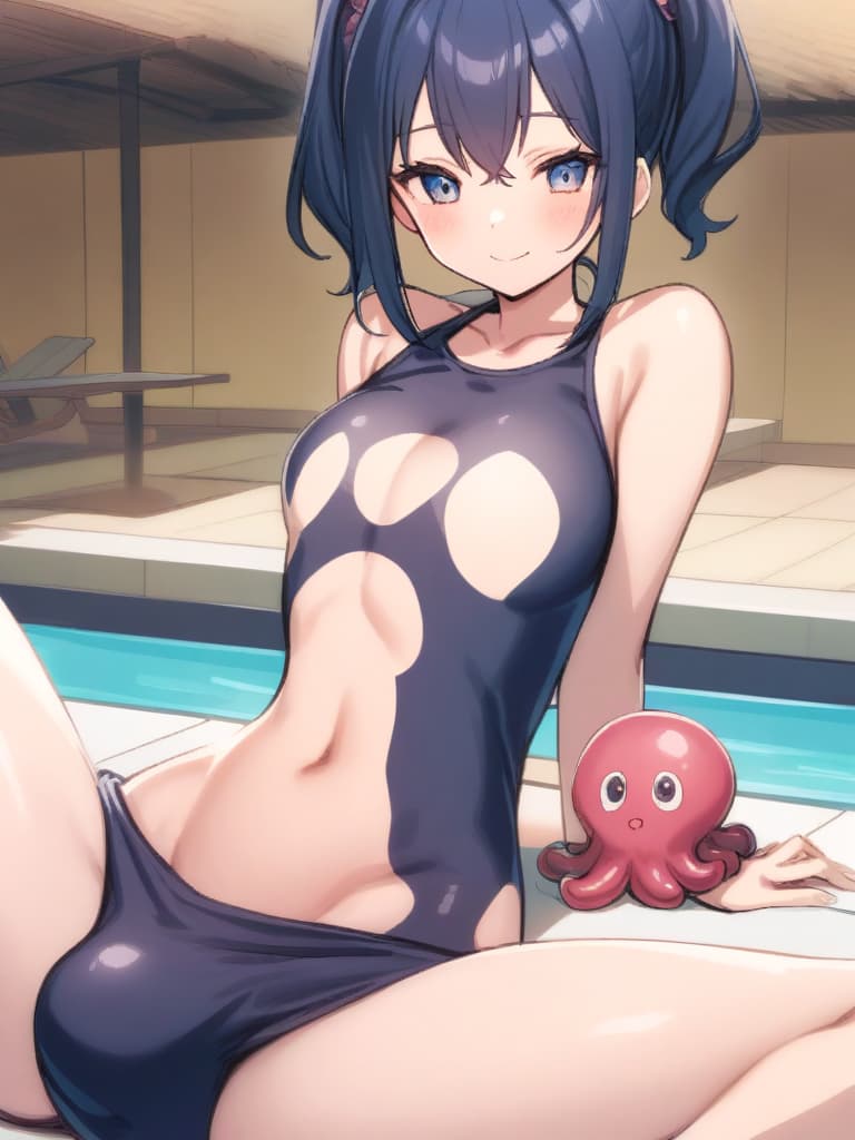  women's elementary students, twin tails, cute smiles, rich s, low stature, dark blue swimwear, old swimwear, swimwear, simple, male, shaped clear area, shaped clear phimosis,, octopus, male bulge , whole body, pool side,