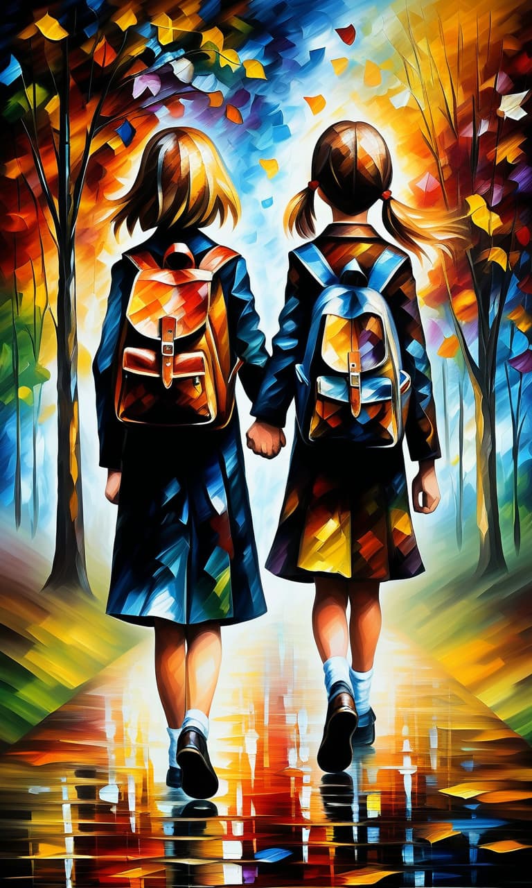  (style of leonid afremov:1.5), boy and girl schoolchildren walking through autumn park with school bags, holding hands, epic realism, anime features, dark fantasy, abstract horror, desaturated color palette, gothic and renaissance aesthetic, (happy smiles:1.4), in school uniform, blue eyes