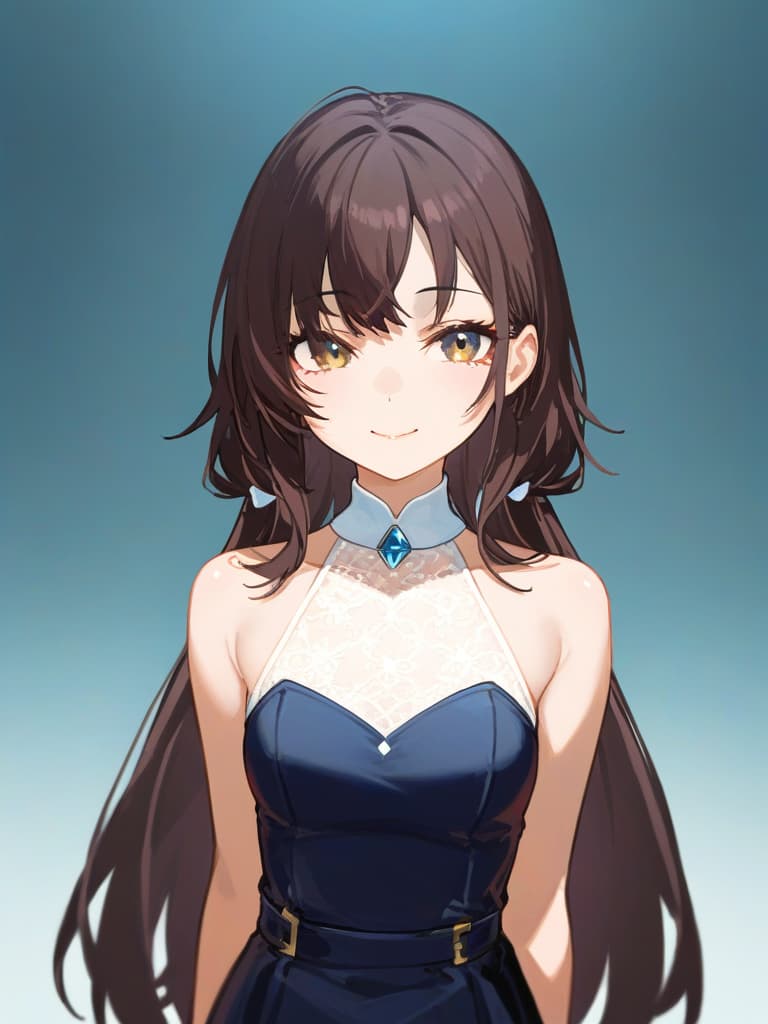  gentle illustration {clean beautiful girl:1.7}{dark brown hair:1.5}{shiny straight long hair:1.7}{half up:1.5}{gentle smile:1.5}{she is wearing a dress with white collar on dark blue background:1.7}{upper body} masterpiece,high quality,16k,super analysis