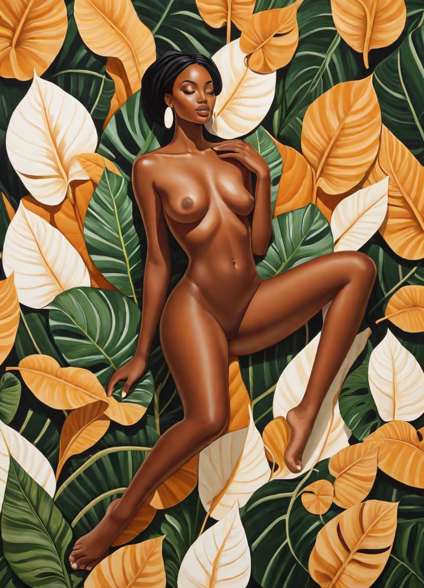  minimalism, painting of a beautiful black woman. she lays, surrounded by elephant ear leaves. naked. she has brown legs. she has brown feet. she is in a divine pose., abstract, simple geometic shapes, hard edges, sleek contours, minimalism