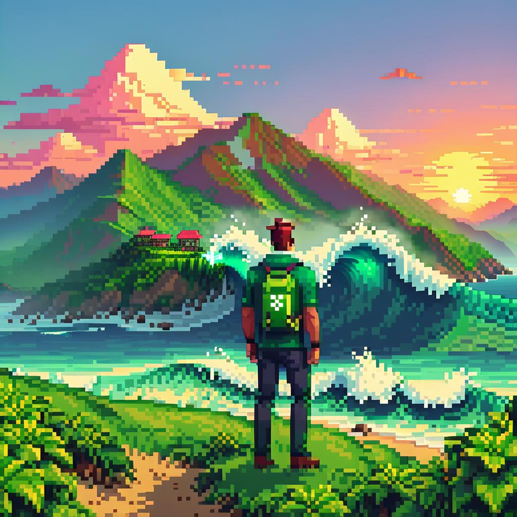  pixel art by the word batumi on the back of the mountains with a wave of large tea, a huge sunset of green blue picselart beam . low res, blocky, pixel art style, 8 bit graphics hyperrealistic, full body, detailed clothing, highly detailed, cinematic lighting, stunningly beautiful, intricate, sharp focus, f/1. 8, 85mm, (centered image composition), (professionally color graded), ((bright soft diffused light)), volumetric fog, trending on instagram, trending on tumblr, HDR 4K, 8K