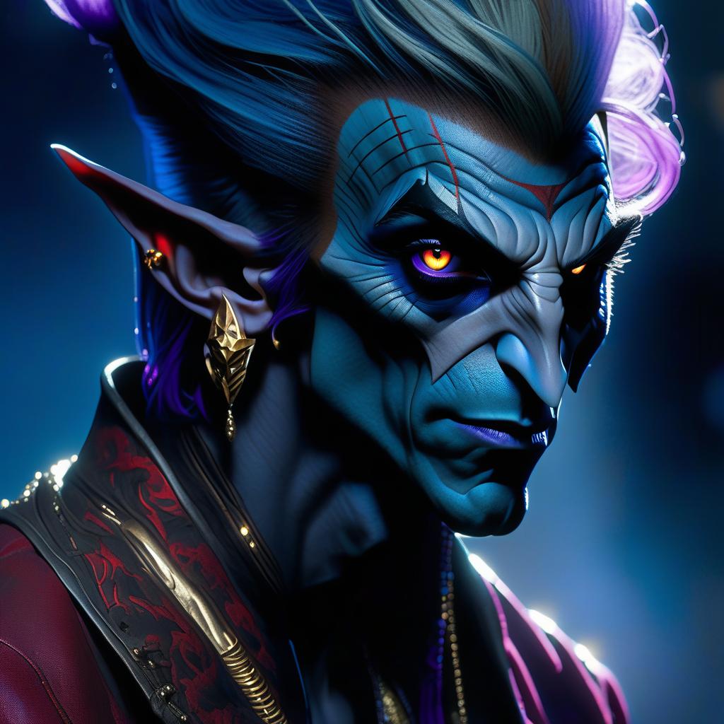  hyperrealistic art dark elf mag is a white man with marble skin, purple hair, lavender eyes, dressed in a red feolet shirt with red gold over his shirt wearing a purple shade jacket, a blue hair style. a earring in the form of a month. the tattoo near the eye in the form of a dental month whose teeth look towards the eye. . extremely high resolution details, photographic, realism pushed to extreme, fine texture, incredibly lifelike hyperrealistic, full body, detailed clothing, highly detailed, cinematic lighting, stunningly beautiful, intricate, sharp focus, f/1. 8, 85mm, (centered image composition), (professionally color graded), ((bright soft diffused light)), volumetric fog, trending on instagram, trending on tumblr, HDR 4K, 8K