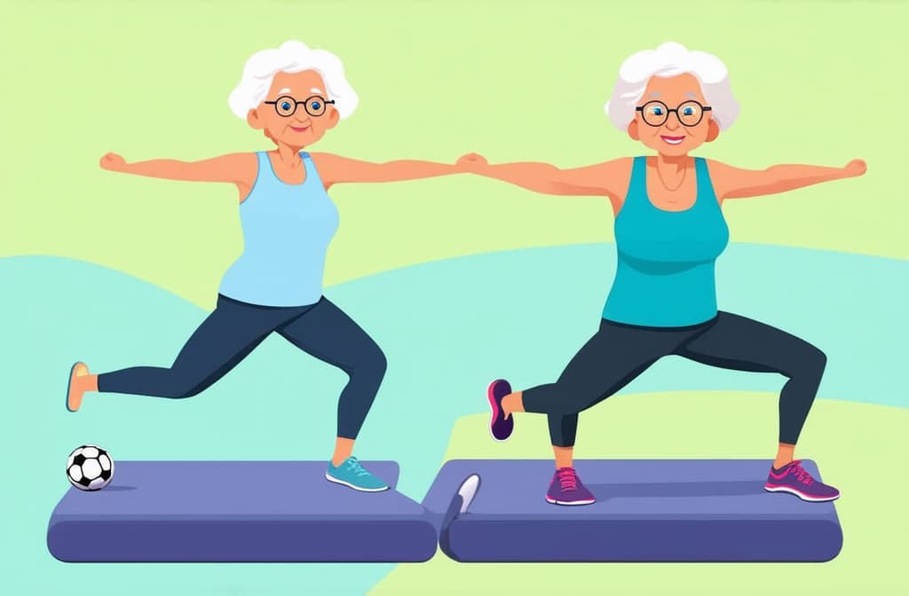  elderly people cartoon characters doing sports, practicing yoga, enjoying aerobics and gymnastics. flat illustration ar 3:2 {prompt}, maximum details