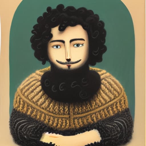 wa-vy style Portrait of a handsome man with black curly hair, dark sleepy eyes, wearing a black cotton tunic. He has a hooked nose and a thoughtful, melancholic look.