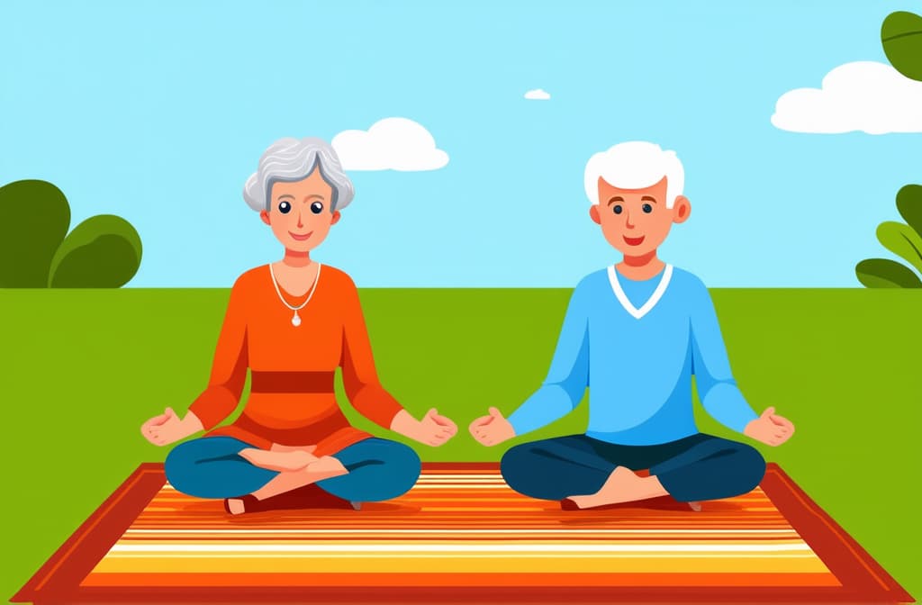  cute old lady and man sitting on the rug and meditating. style flat illustration ar 3:2 {prompt}, maximum details