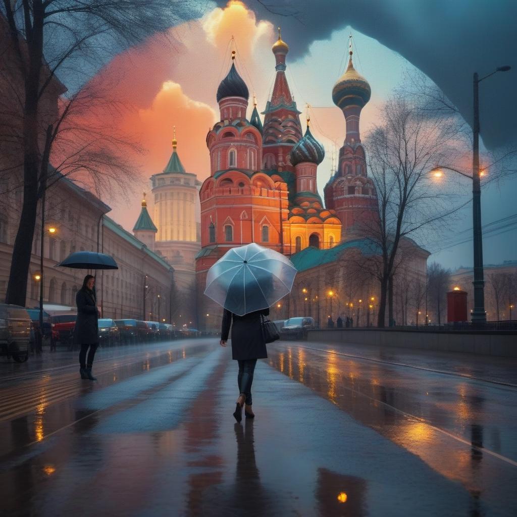  Beautiful urban landscape, streets of Moscow, rain, reflections in puddles hyperrealistic, full body, detailed clothing, highly detailed, cinematic lighting, stunningly beautiful, intricate, sharp focus, f/1. 8, 85mm, (centered image composition), (professionally color graded), ((bright soft diffused light)), volumetric fog, trending on instagram, trending on tumblr, HDR 4K, 8K