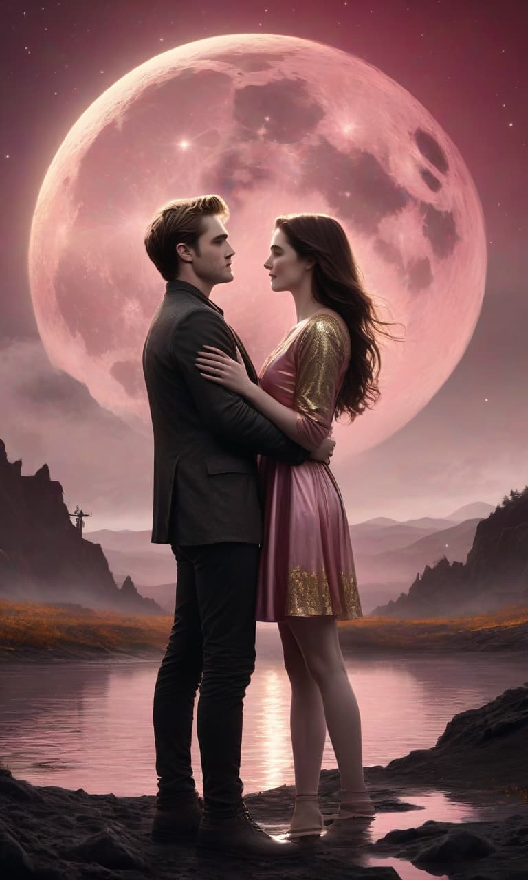  concept art pink, gold, black, white on the background of a huge moon eclipse robert pattison hugs christian stewart twilight . digital artwork, illustrative, painterly, matte painting, highly detailed, perfect hands