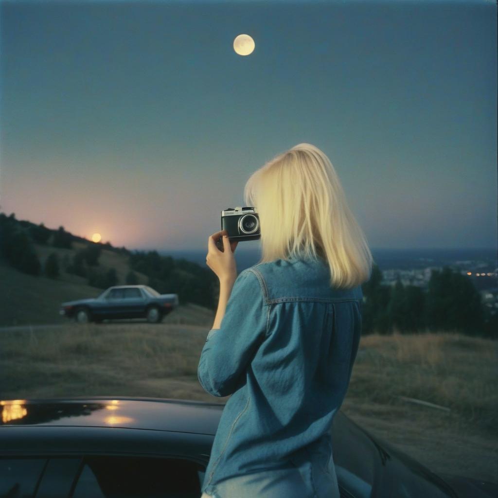  analog film photo the girl platinum blonde takes pictures on the polaroid in a black shirt, next to the guy there is a blonde in a denim shirt, standing by the car in black color, a view from the hill, in the background the city, the time of twilight, full light moon, style 80 90s. . faded film, desaturated, 35mm photo, grainy, vignette, vintage, kodachrome, lomography, stained, highly detailed, found footage