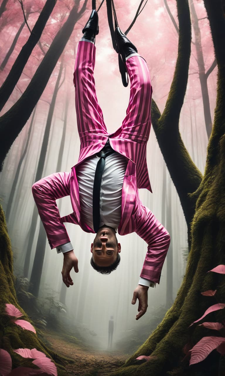  concept art color pink, white, black, gold forest a man in a striped suit hanging upside down . digital artwork, illustrative, painterly, matte painting, highly detailed, perfect hands