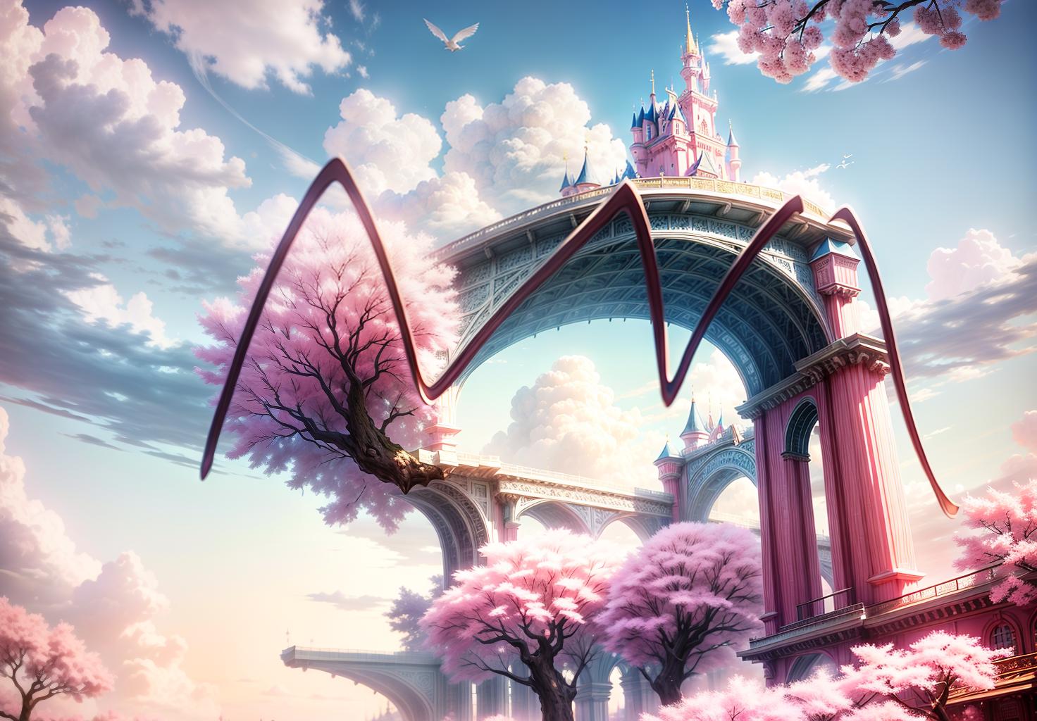  (front view:1.5),mid shot,romantic,mhxy,cloud,scenery,sky,outdoors,no humans,tree,blue sky,day,bird,bridge,cloudy sky,fantasy,cherry blossoms,cityscape,building,(pink disney castle),8k,best picture quality,blender,camera 4d,octance rendering,supplementary picture,(fairytale)