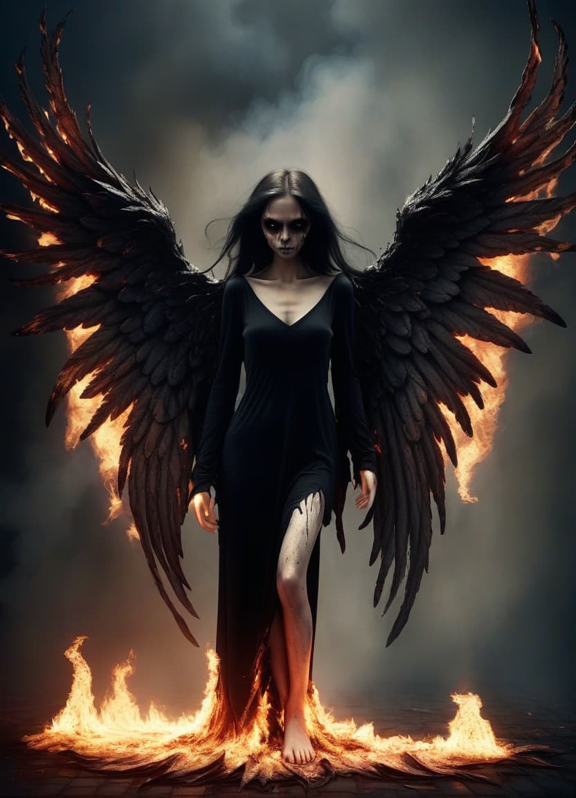  horror themed make her a fallen angel, she grows wings covered with fire . eerie, unsettling, dark, spooky, suspenseful, grim, highly detailed