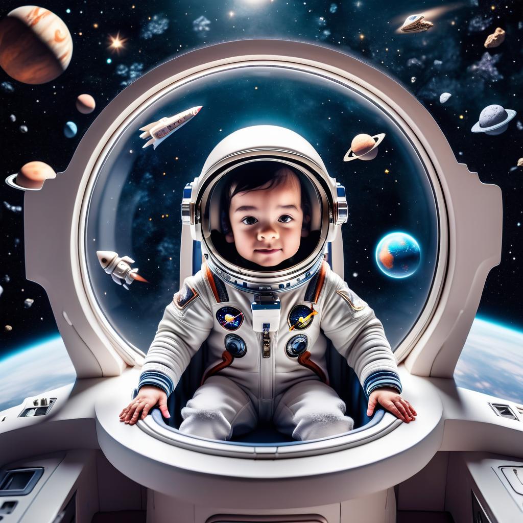  astronaut child flies in a small open spaceship among stars and asteroids