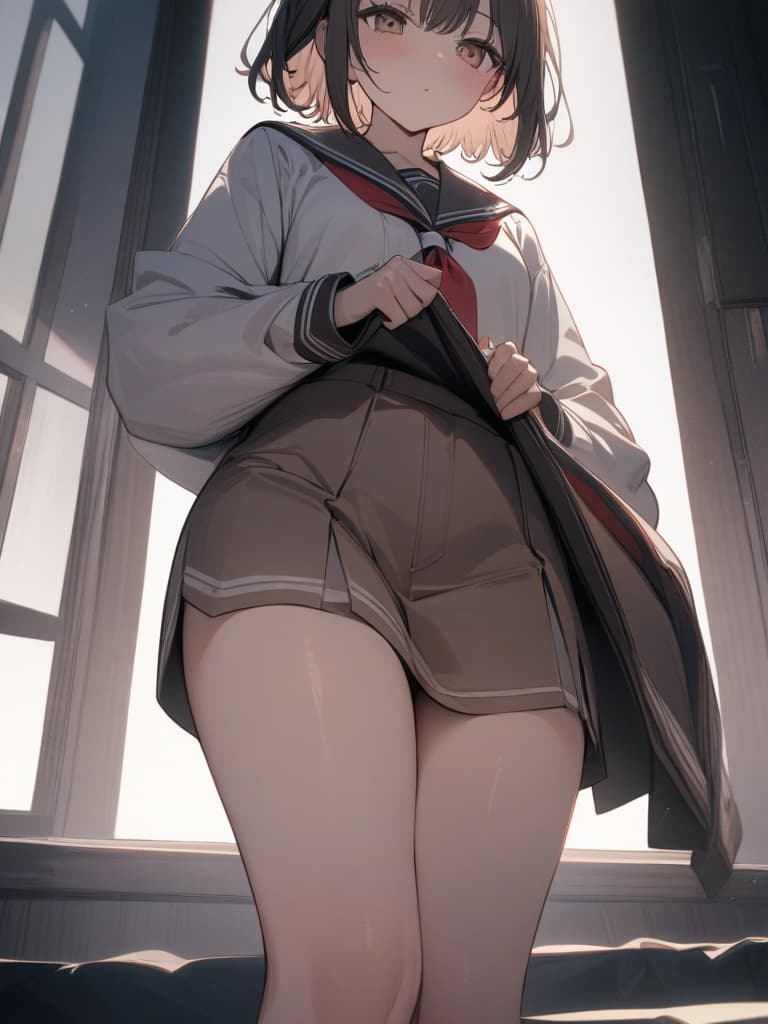  a japanese woman with a big that is so cute, the uniform is so big, a brown sailor suit, removing the first on, wearing it, the shape of the , a clear out of pats, no state., masterpiece, best quality,8k,ultra detailed,high resolution,an extremely delicate and beautiful,hyper detail