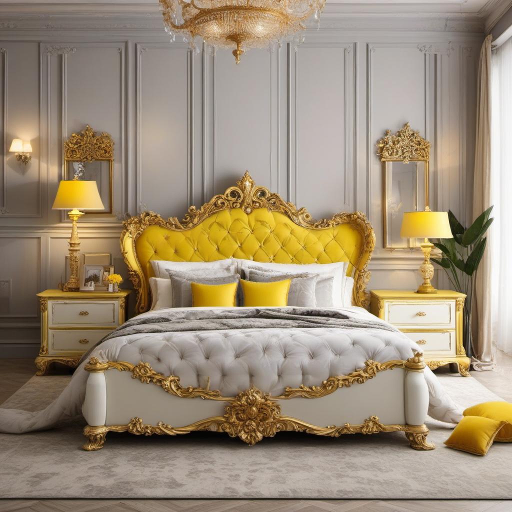  luxurious yellow kings bed , painting style