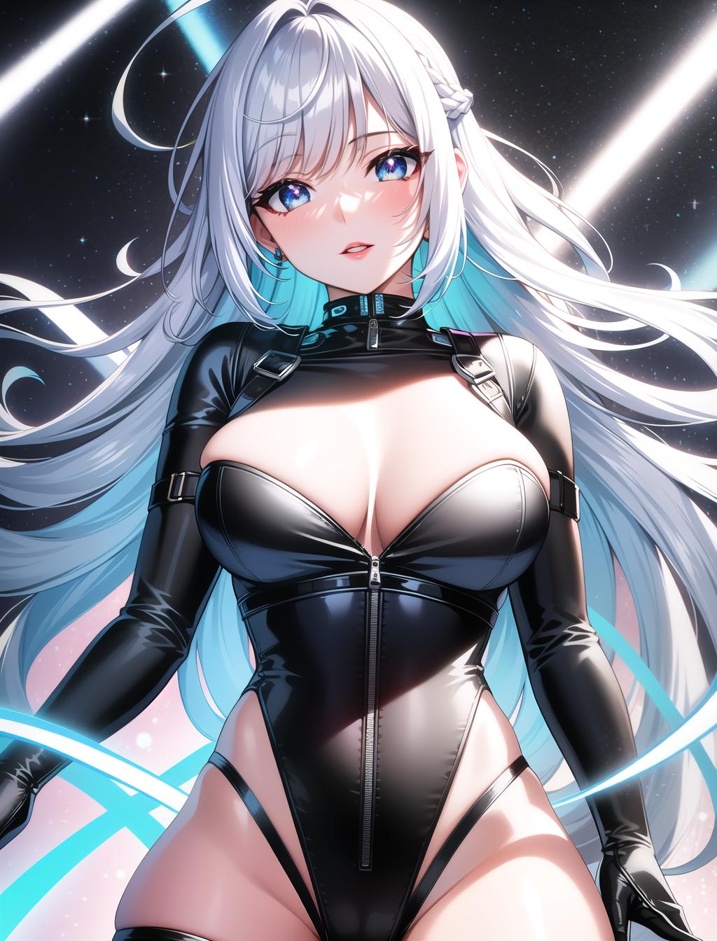  close up, solo, masterpiece, best quality, 1female, lucy, black body suit, exposed shoulders, white jacket, neon lit city background, asymmetrical short and long undercut silver light purple light blue light green light yellow hair, silver neon eyes, red eyeliner, red lips, black thigh highs, black shorts