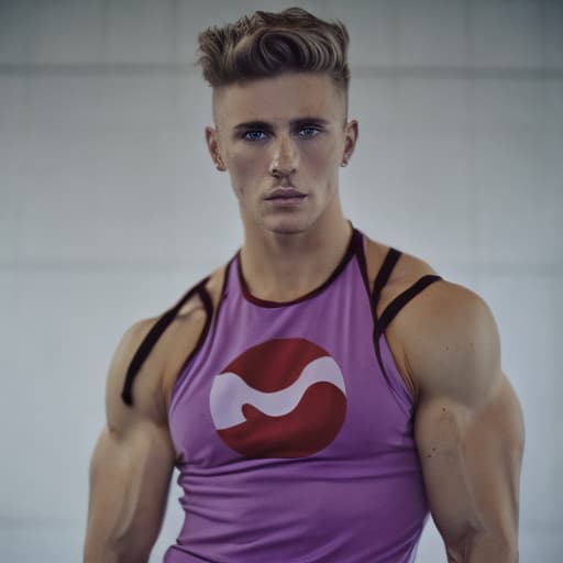 portrait+ style USSR queer fitness trainer blonde hunk dude face