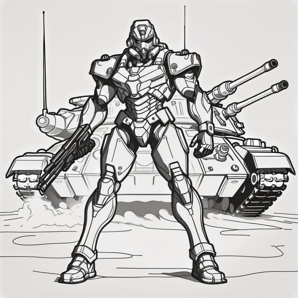  line art drawing tank commander, battle stance, same nightmare. anime style . professional, sleek, modern, minimalist, graphic, line art, vector graphics