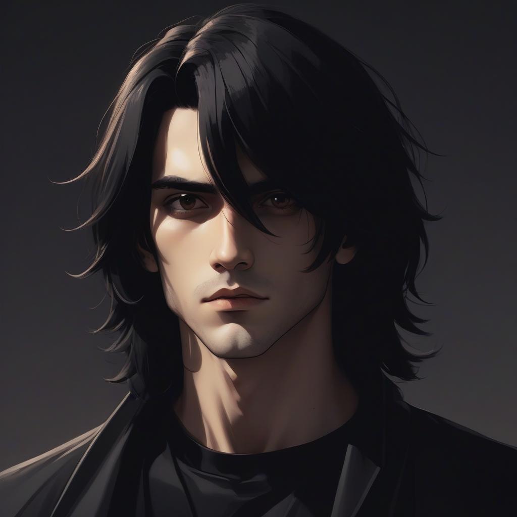  the image shows the character of a guy with long black hair and large brown eyes. he is dressed in black clothes the expression looks serious and thoughtful, which gives him character and depth. the style of the image resembles pixel or cartoon graphics, which adds an element of playfulness