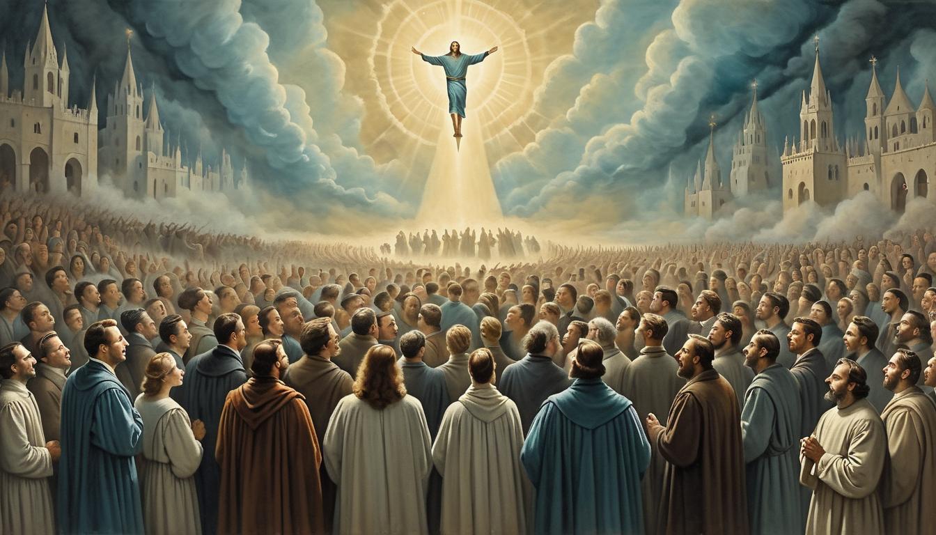  on parchment, surrealism+++, crowd of astonished people, their faces lit by divine light, witnessing a miraculous transformation, collective awe, transformative moment(mysterious, provocative, symbolic,muted color)+++