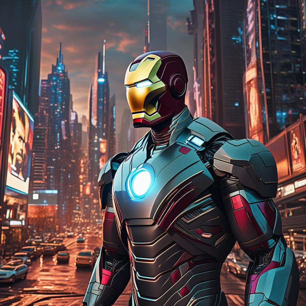  masterpiece, best quality, Best quality, masterpiece, 8k resolution, realistic, highly detailed, close up of Iron Man. In a cyberpunk-style night scene of the city, he stands on a street lined with tall buildings. The city's night lights are bright, The surrounding buildings and streets are filled with cyberpunk elements such as neon lights, high-tech devices, and futuristic architectural designs.