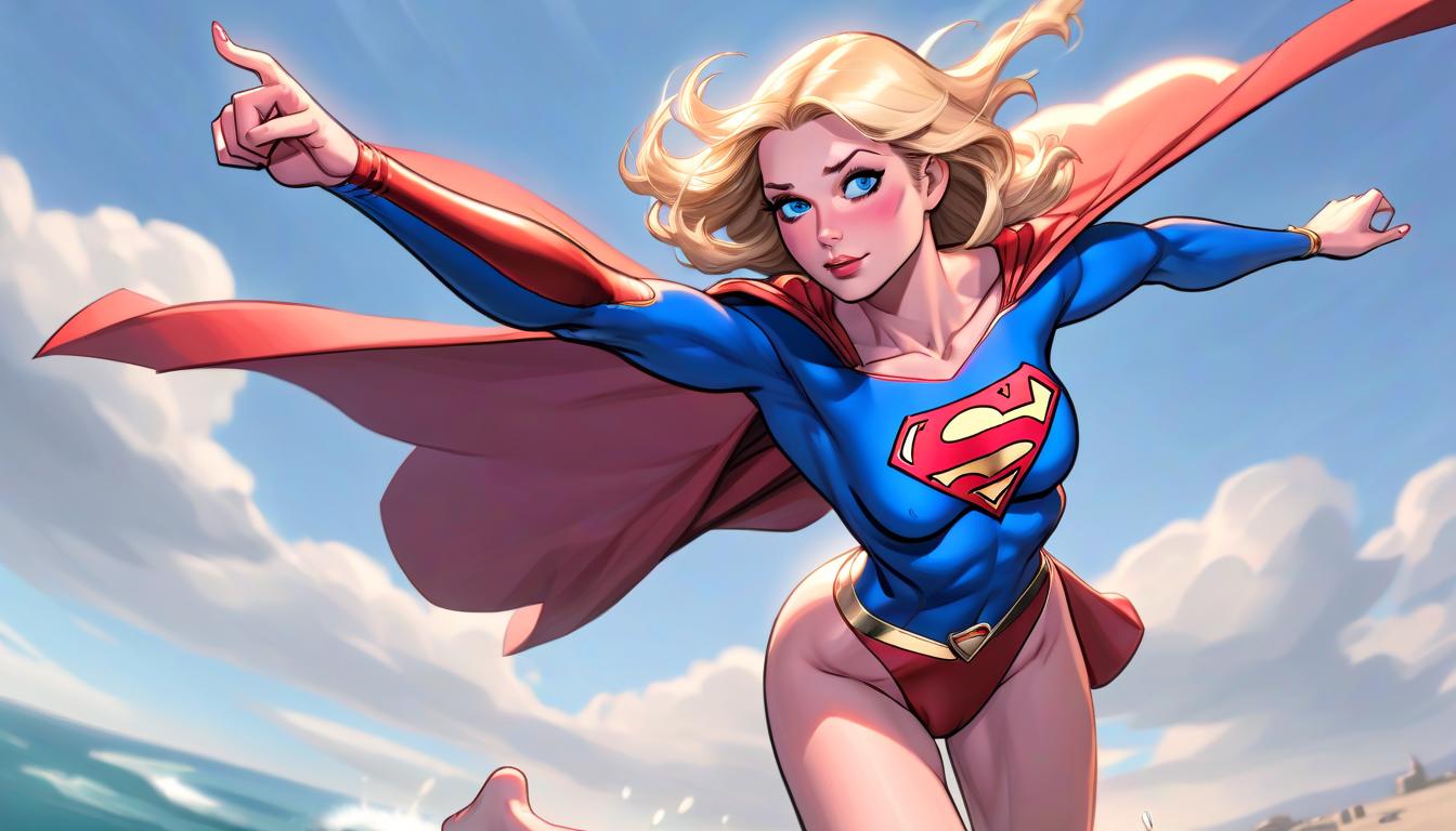  a supergirl in an open swimsuit is flying