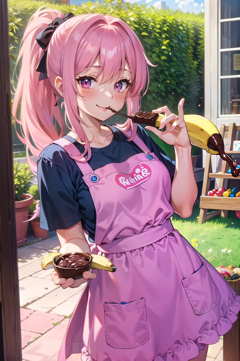  r 18, , middle , pink haired ,ponytail,large eyes,t shirts, , room,A woman,A woman, with a mischievous glint in her eye, holds a chocolate covered banana suggestively, her tongue king out to the sweet treat. She wears a flirty apron, nothing else, and her expression is one of pure temptation. With a smile, she takes the banana in her mouth, ing and ing ly, enjoying the taste of chocolate and fruit. The camera captures the moment of indulgence, focusing on her lips wrapped around the banana and the sticky chocolate covering her mouth.