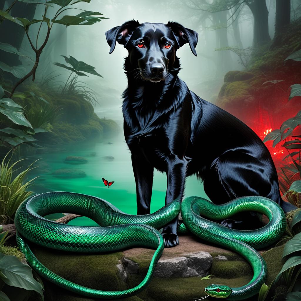  a black hound with blood red eyes with an emerald green snake together in a dark fantasy landscape photo realistic, highly intricate and detailed, masterpiece, ultra high res,photography,8k resolution