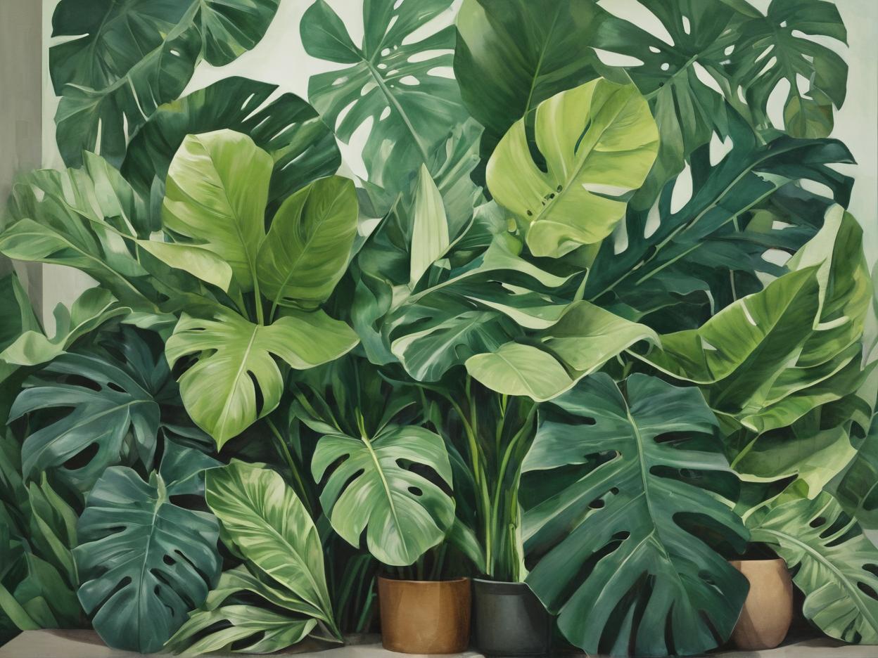  minimalism, the scene displays a lush, tropical landscape, filled with a dense arrangement of broad, green leaves from various types of tropical plants. the foliage consists of large banana leaves, palm fronds, and possibly monstera leaves, creating a rich, textured canopy that feels both vibrant and calming. the variety of green shades, along with the natural layering of the plants, conveys a deep, almost jungle like atmosphere, reminiscent of a serene, thriving tropical rainforest., abstract, simple geometic shapes, hard edges, sleek contours, minimalism