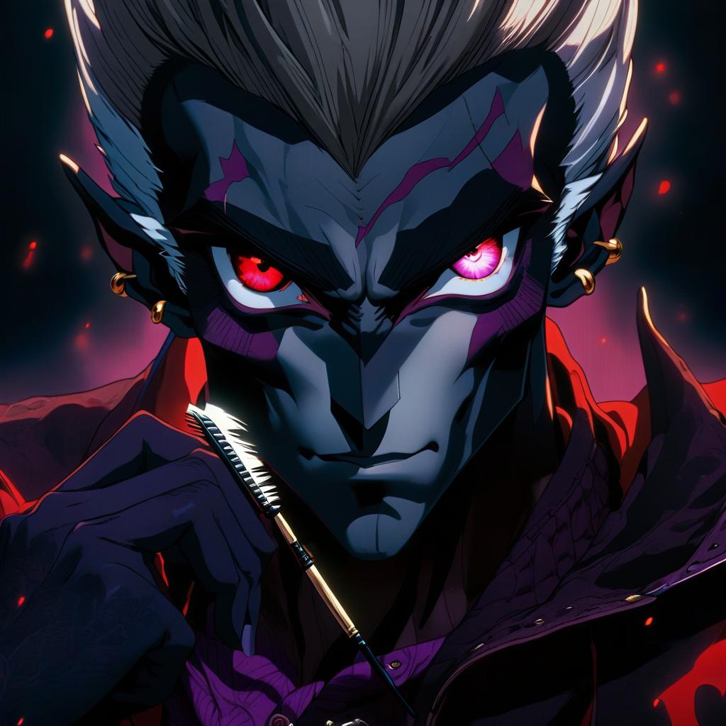  anime artwork dark elf is a male marble white leather male, purple hair, with a greasy lavender eye, dressed in a red feolet shirt with red gold above wearing a purple shadow jacket with a leather brush, a hair stylish. a earring in the form of a month. the tattoo near the eye in the form of a dental month whose teeth look towards the eye. . anime style, key visual, vibrant, studio anime, highly detailed hyperrealistic, full body, detailed clothing, highly detailed, cinematic lighting, stunningly beautiful, intricate, sharp focus, f/1. 8, 85mm, (centered image composition), (professionally color graded), ((bright soft diffused light)), volumetric fog, trending on instagram, trending on tumblr, HDR 4K, 8K