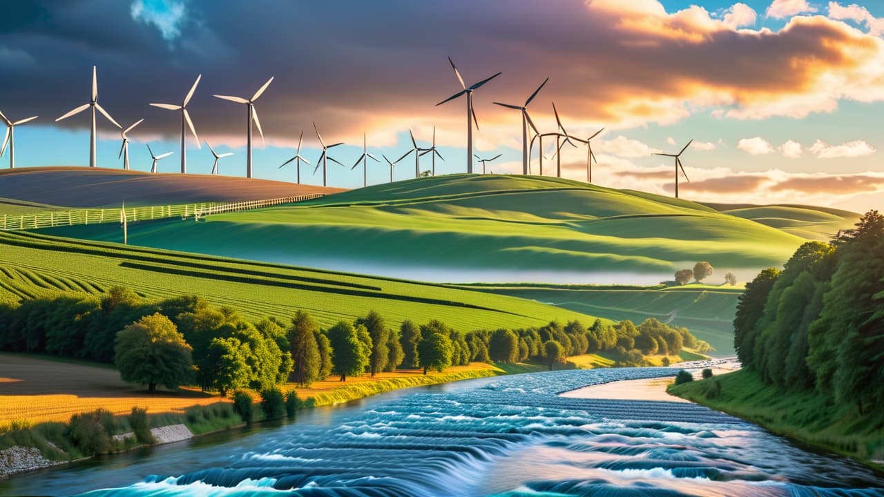  a vibrant landscape featuring a wind farm on rolling hills, solar panels glistening in the sun, and a flowing river with a small hydroelectric dam, all under a clear blue sky, showcasing the essence of renewable energy. hyperrealistic, full body, detailed clothing, highly detailed, cinematic lighting, stunningly beautiful, intricate, sharp focus, f/1. 8, 85mm, (centered image composition), (professionally color graded), ((bright soft diffused light)), volumetric fog, trending on instagram, trending on tumblr, HDR 4K, 8K