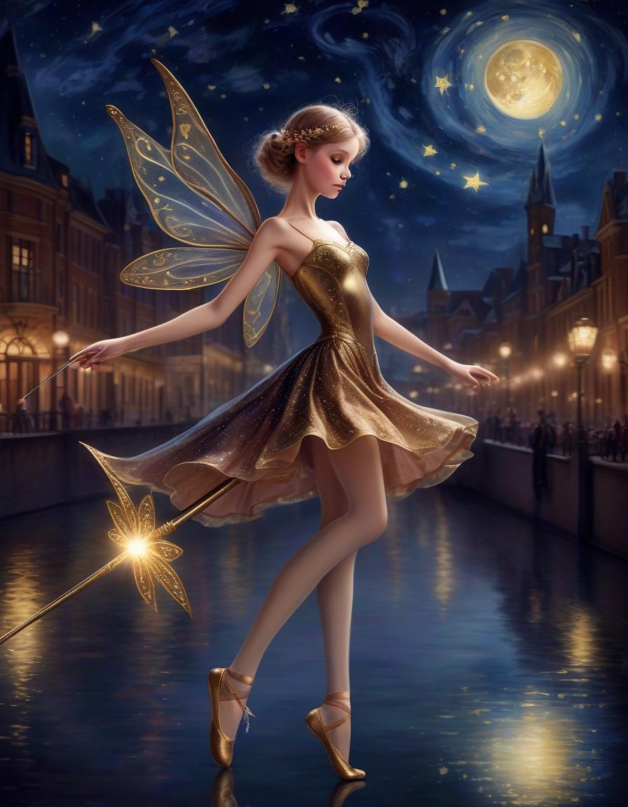  drawing of a gentle fairy in graceful bronze ballet flats holding a wand, in the style of dark starry nights, old town in the background, gilded age, colorful costumes, contrast, flickr, futuristic movement