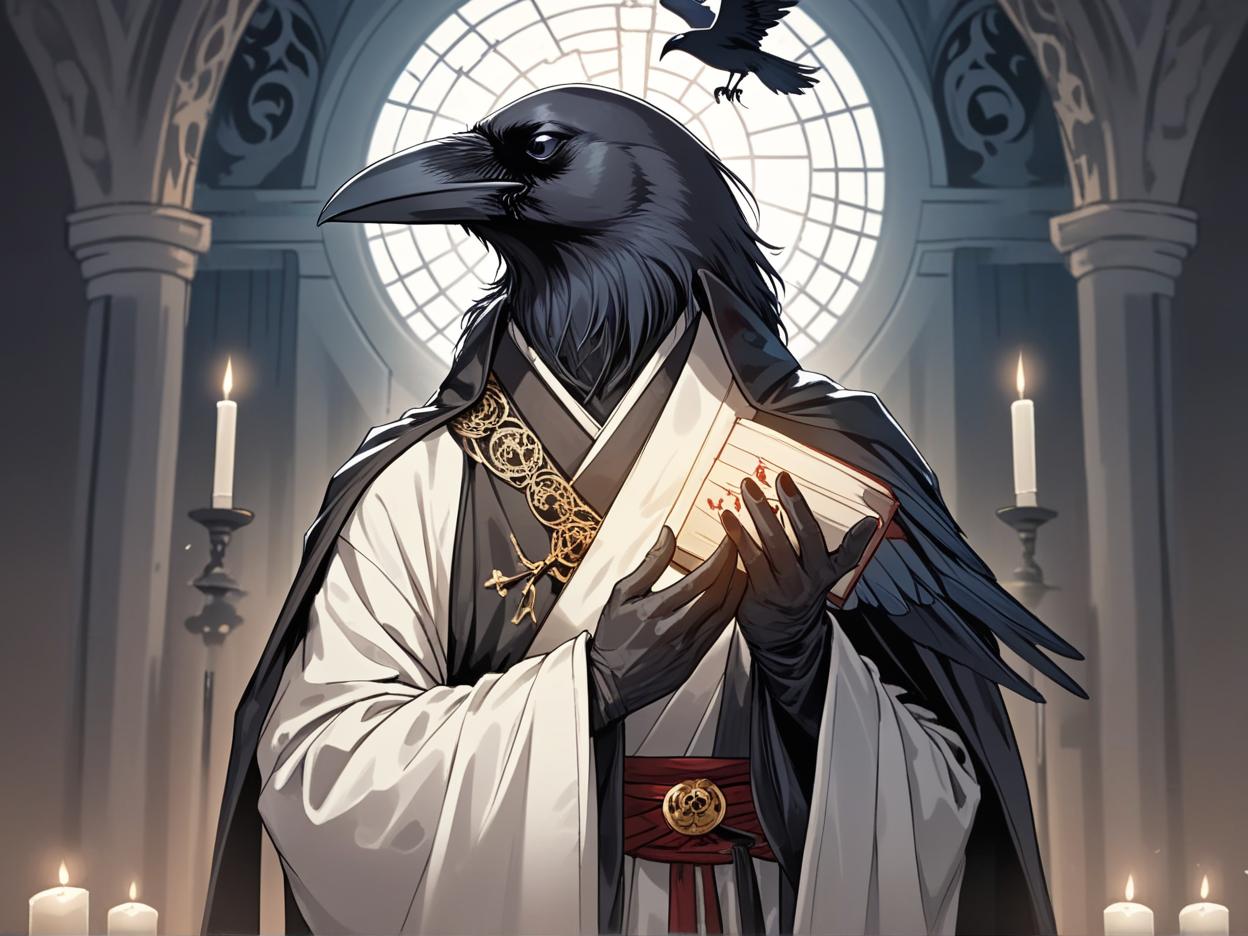  manga artwork a crow man wearing a robe holding a holy libram with his black crow hands while standing at an altar. manga artist. manga, highly emotional. best quality, high resolution