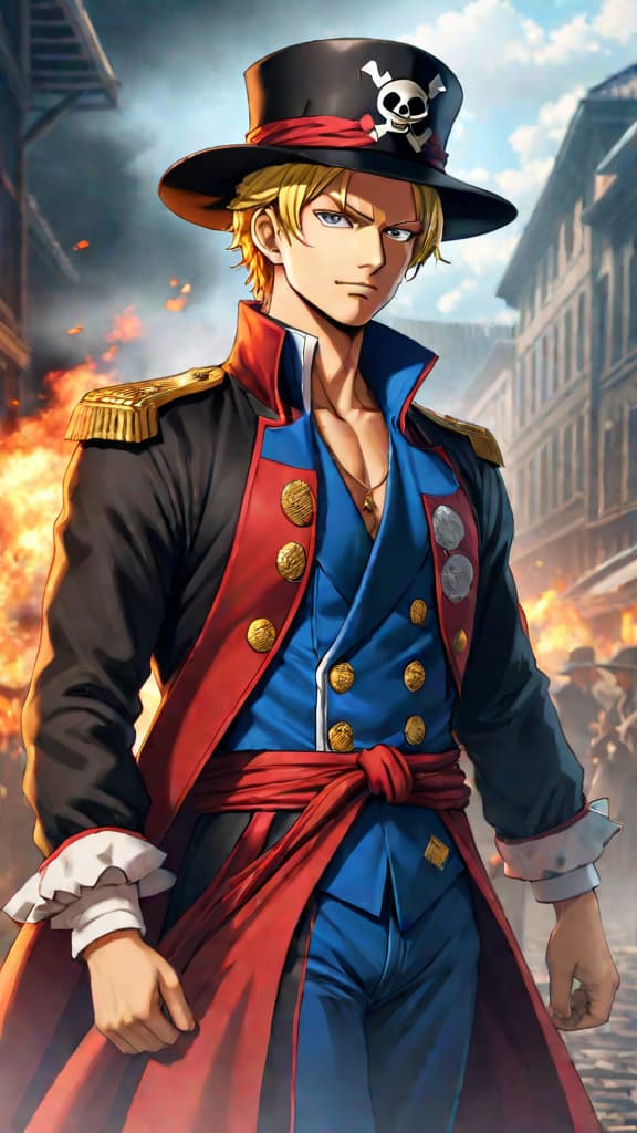  anime art of sabo from one piece as chief of staff in the revolutionary army. hyperrealistic, full body, detailed clothing, highly detailed, cinematic lighting, stunningly beautiful, intricate, sharp focus, f/1. 8, 85mm, (centered image composition), (professionally color graded), ((bright soft diffused light)), volumetric fog, trending on instagram, trending on tumblr, HDR 4K, 8K