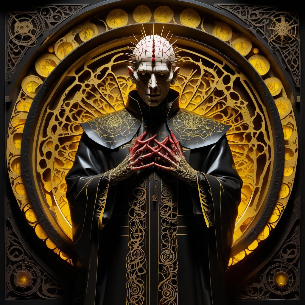  stacked papercut art of hellraiser in a priest's robe in sticky shiny mucus bent down in the fog and the light of yellow lights smoke red sparks spikes horror lovecraft tentacles necronomicon and rings of slurry . 3d, layered, dimensional, depth, precision cut, stacked layers, papercut, high contrast