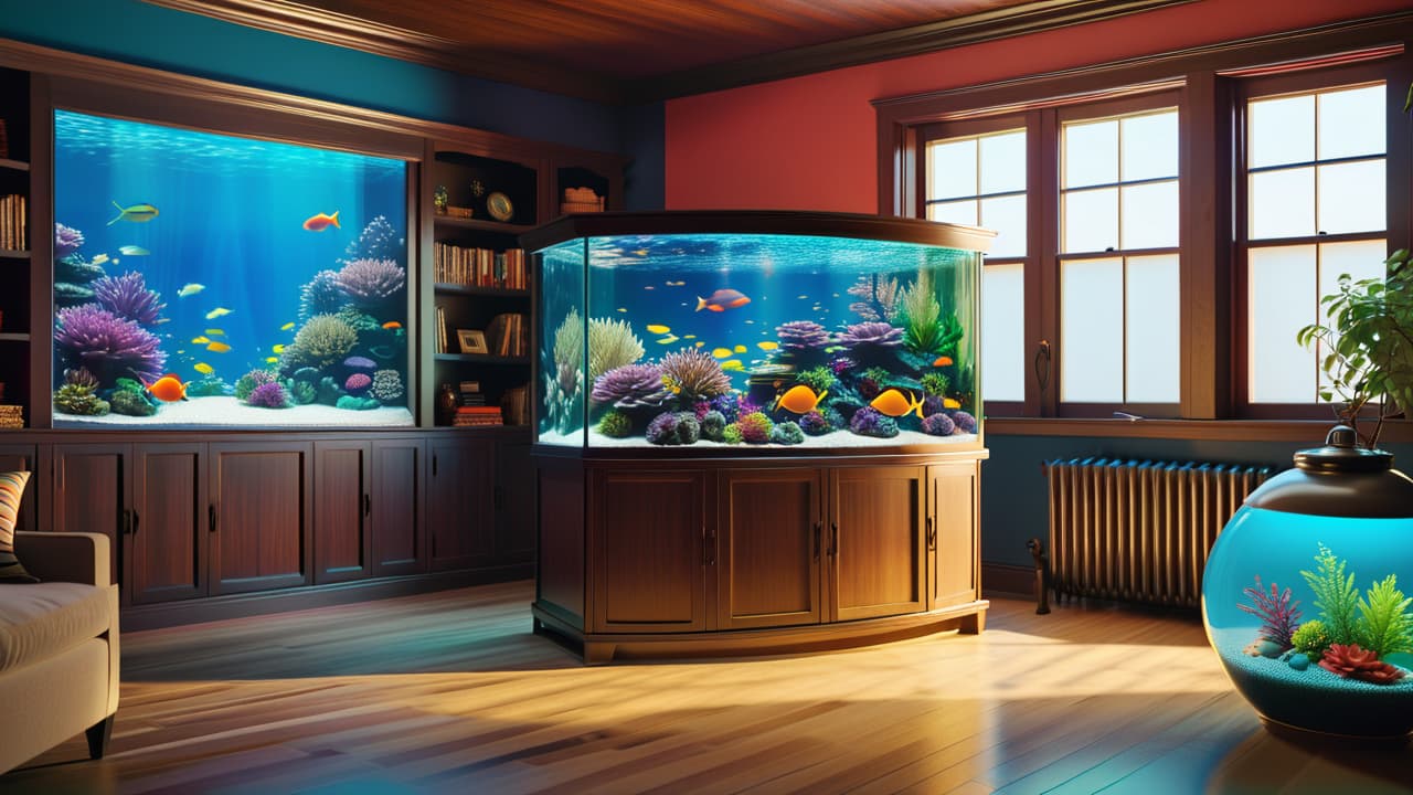  a vibrant aquarium filled with colorful fish, surrounded by various aquarium supplies like tanks, filters, and decor, set against a backdrop of a cozy room with a budget chart and coins scattered nearby. hyperrealistic, full body, detailed clothing, highly detailed, cinematic lighting, stunningly beautiful, intricate, sharp focus, f/1. 8, 85mm, (centered image composition), (professionally color graded), ((bright soft diffused light)), volumetric fog, trending on instagram, trending on tumblr, HDR 4K, 8K