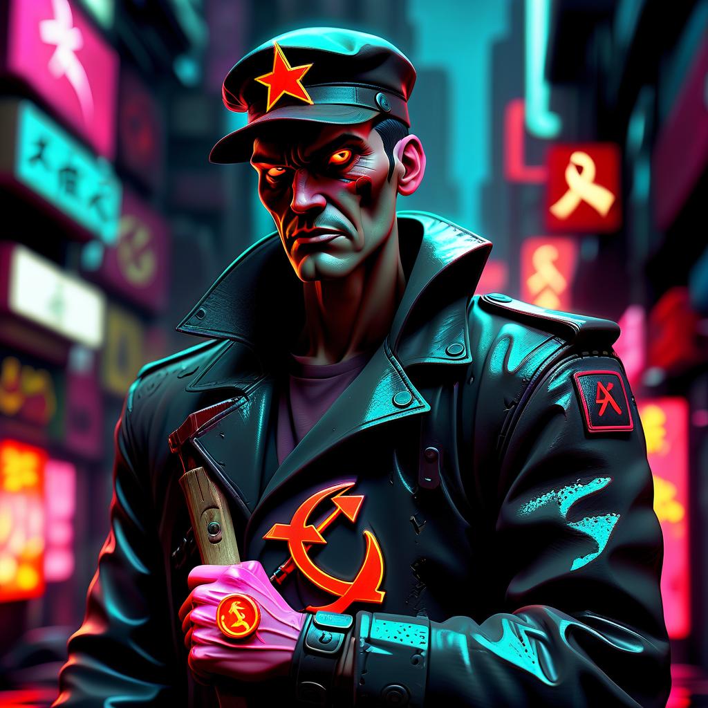  neon noir alastor, a man with a hammer and sickle patch on his sleeve . cyberpunk, dark, rainy streets, neon signs, high contrast, low light, vibrant, highly detailed, hkmagic